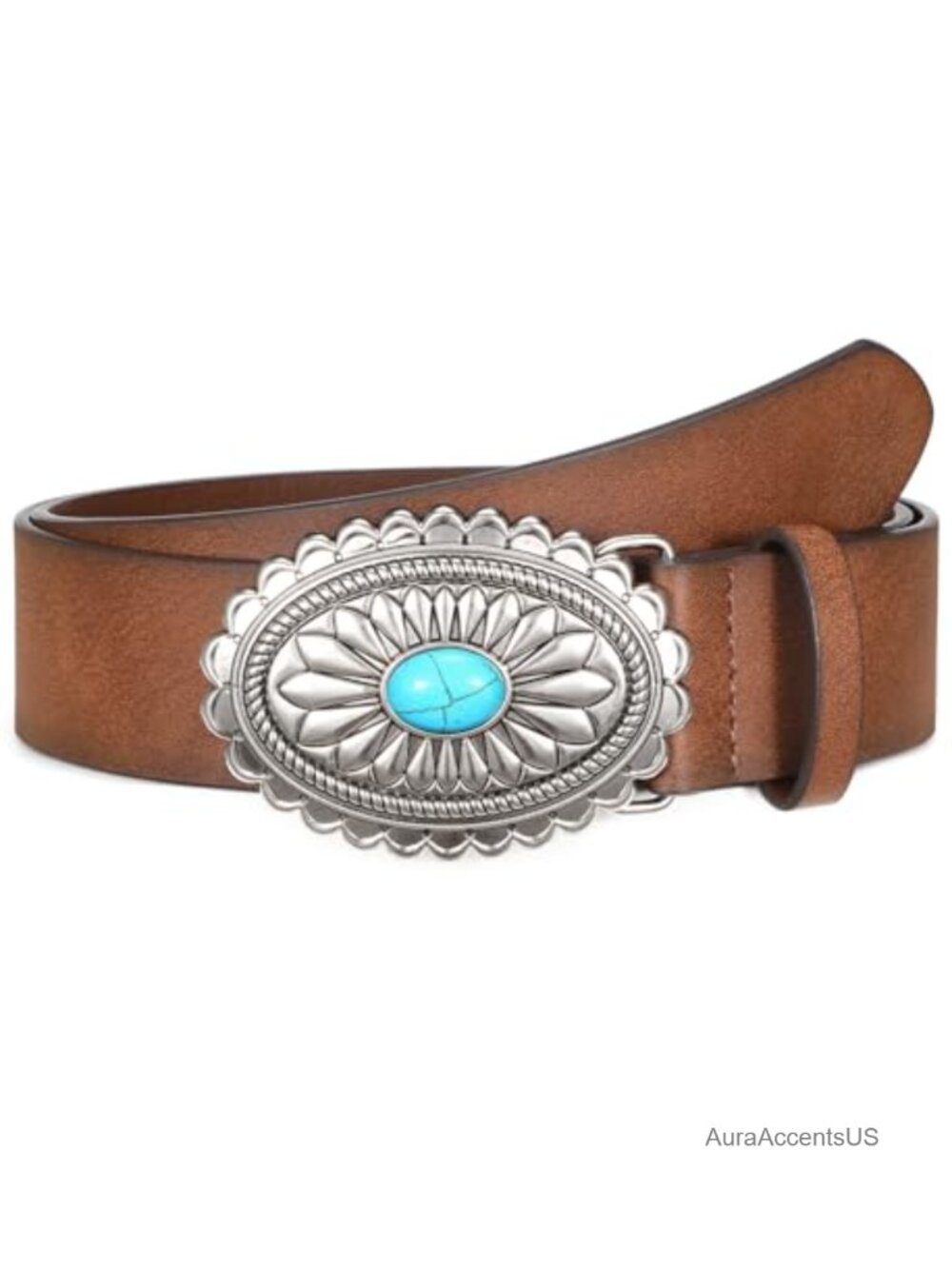 Western Cowgirl Belt with Concho Turquoise Buckle Faux Leather - Picture 1 of 6